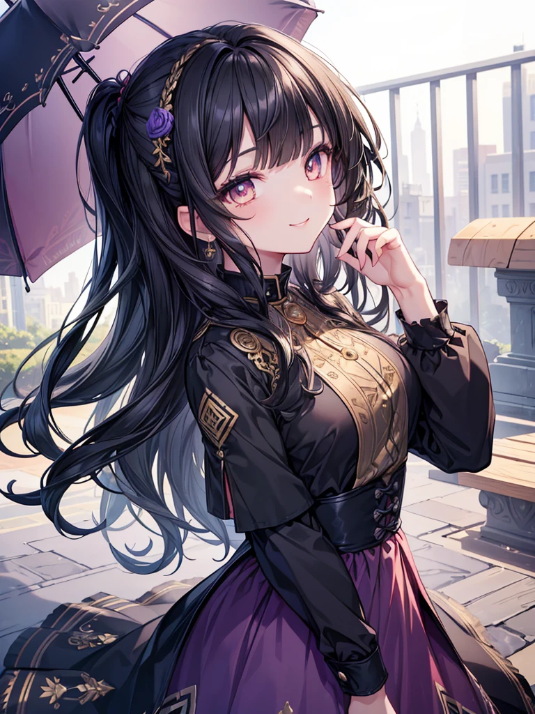 (masterpiece),(top-quality),(ultra-detailliert),hight resolution,in 8K animation,1girl,black hair,(bobbed hair),wavy hair,(round eyes),blunt bangs,(cheerful smile),[violet eyes:(golden eyes):0.55],(beautifull detailed face),(beatiful detailed eyes)