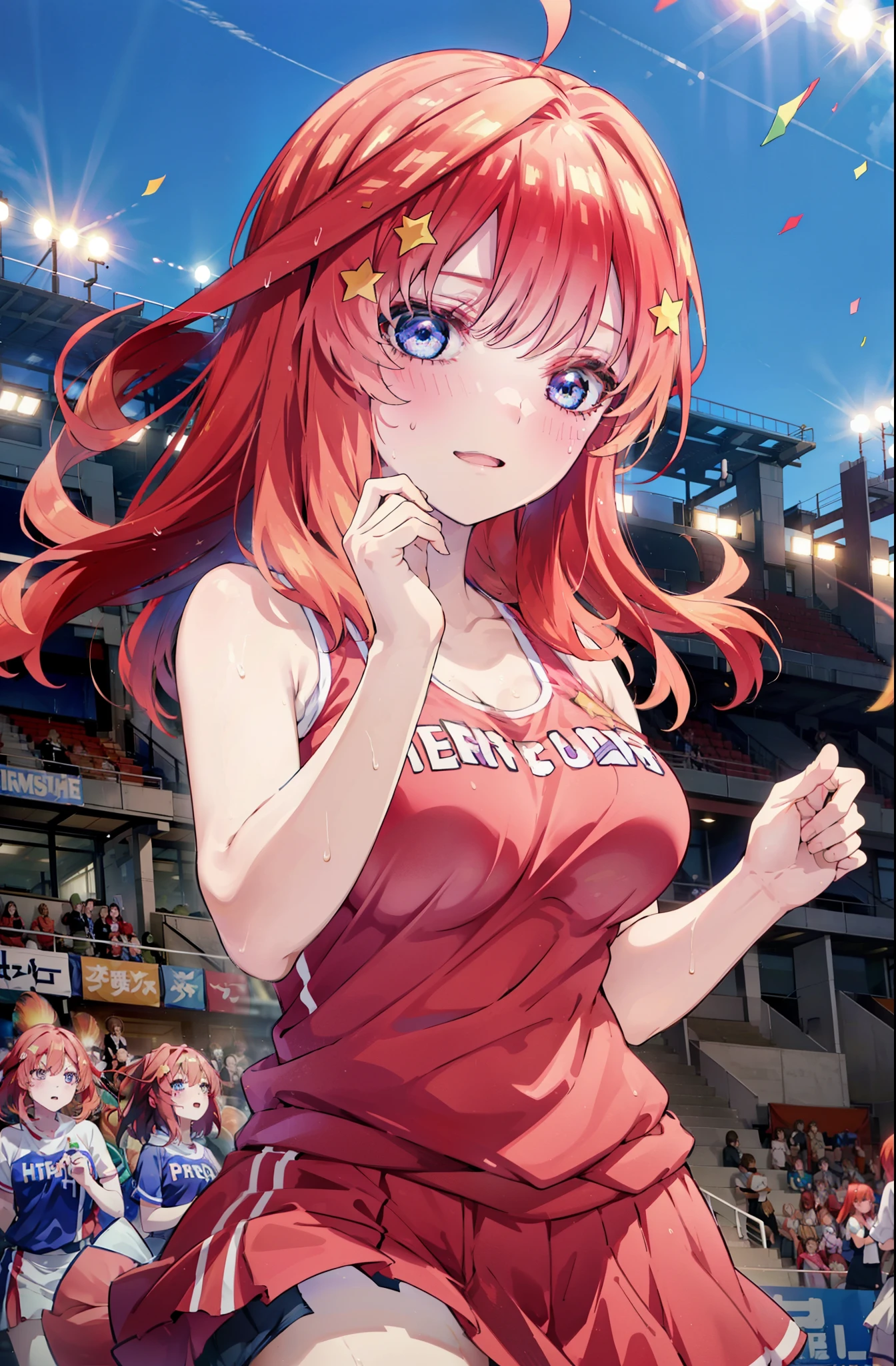 itsukinakano, Itsuki Nakano, bangs, blue eyes, hair between eyes, Ahoge, Redhead, star \(symbol\), happy smile, smile, Open your mouth,hair ornaments, star hair ornaments,(cheer leading), (whole body), Big Breasts, Lower, (Sweaty), Sweaty Wet Clothes (Red clothes), No sleeve,Belly button support, playground, (Jump), (Jump), 足を曲げてJumpする, air, blue sky, Grass原, smileのチアリーダー, Pom-pom \(cheer leading\), Grass, whole bodyがイラストに入るように,
break outdoors, Stadium,
break looking at viewer, whole body,
break (masterpiece:1.2), Highest quality, High resolution, unity 8k wallpaper, (shape:0.8), (Fine and beautiful eyes:1.6), Highly detailed face, Perfect lighting, Highly detailed CG, (Perfect hands, Perfect Anatomy),