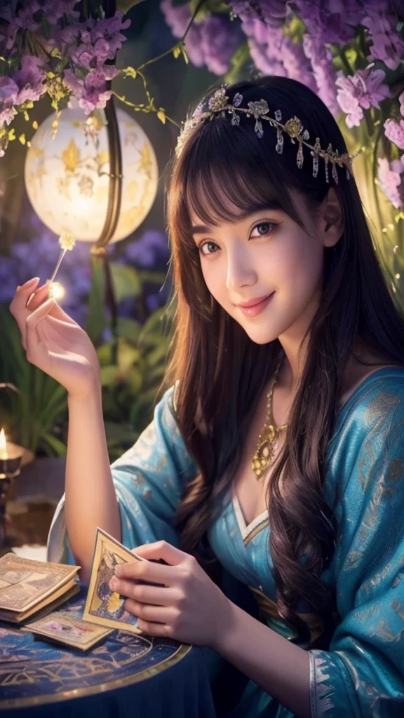 Tarot Cards, beautiful, a girl reading Tarot Cards,Smiling Girl,Beautiful details,Detailed lips,Tarot Cards,Ancient Tarot Decks,illustrated Tarot Cards,Vibrant colors,Mysterious atmosphere,Magic Garden,Flowers Bloom,moonlight,Night Sky,Soft glow,Artistic Oil Painting,High-resolution images,(masterpiece:1.2),Very detailed,Realistic,Bokeh