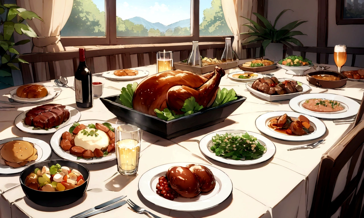 ((((masterpiece, Best Quality, High resolution)))), High detail, manga,anime,Illustrated style,Use of bright colors, Rectangular Dining Table,White tablecloth,White tableclothがかけられたテーブルに載せられている料理のアップ,The table top fills the entire screen, In the center of the screen, a large selection of food is displayed on a table.,A sumptuous dinner on the table,wine,Beer ,Meat dishes,Food and tableware for six, The evening sunlight is streaming in through the window、A sparkling drink in the sunlight, No humans, RPG-like scenery, テーブルの上にはBeer やwineや美味しそうな食べ物が載せられている, Create a magical and cozy atmosphere, Bright daytime atmosphere.