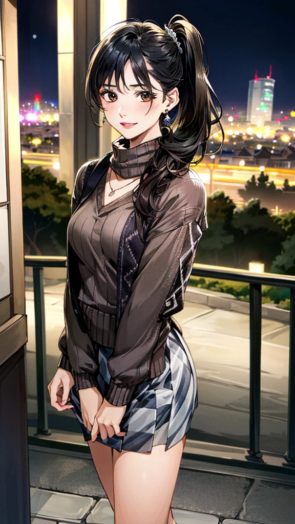 (masterpiece:1.3, Highest quality, Ultra-high resolution, Super detailed), (Realistic, photoRealistic:1.4), Beautiful illustrations, Perfect lighting, colorful, Depth of written boundary, 
Beautiful detailed hair, Beautifully detailed face, Beautiful fine details, Beautiful clavicle, Beautiful body, 美しいLarge Breasts, Beautiful thighs, Beautiful feet, Beautiful fingers, 
View Viewer、Front view:0.6, Beauty1人, Japanese, Beauty、30 years old, Perfect Face, (Perfect Anatomy, Anatomically correct), Cute and symmetrical face, Baby Face, , Shiny skin, 
(Large checked scarf:1.4)、((sweater:1.40)),((Brown long skirt 1.50))
(Black Hair, Side Ponytail:1.4),  Dark brown eyes, (Large Breasts), Slim body, 
necklace, (Small earrings:1.3), 
(Beautiful views), (night), (city, cityscape in the distance), Standing with good posture, A soft smile、(Smile, Lips parted), 