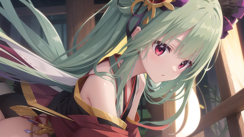 ((masterpiece)),(best quality),Official Art,Extremely detailed CG,Unity 8K wallpaper,Very detailed,Beautiful and delicate eyes,Extremely detailed face,1 girl,solitary,,(whole body:1.5),(small:1.3),,,Murasame,Very long hair,Green Hair,Face Up,Purple bow,hairpin,Side chains,Bangs,Red Eyes,Neck strap,Red belt,Elegant and beautiful，Long-sleeved hanfu，Wearing Hanfu，Martial Saint，Bamboo Forest Sigh，Close the knife，One ride is a thousand，Guan Yu