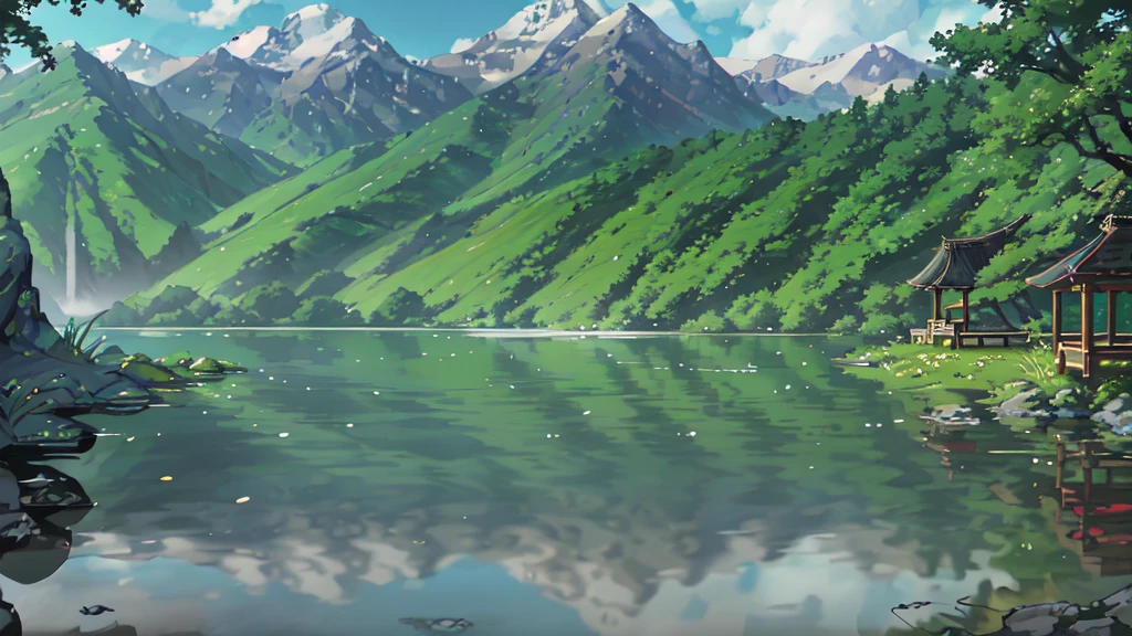 Chinese ancient times, spring, jungle, lake, cave, waterfall, tree, meadow, rock, deer, hot spring, water vapor, (illustration: 1.0), epic composition, realistic lighting, HD details, masterpiece, best quality, (very detailed CG unified 8k wallpaper)
