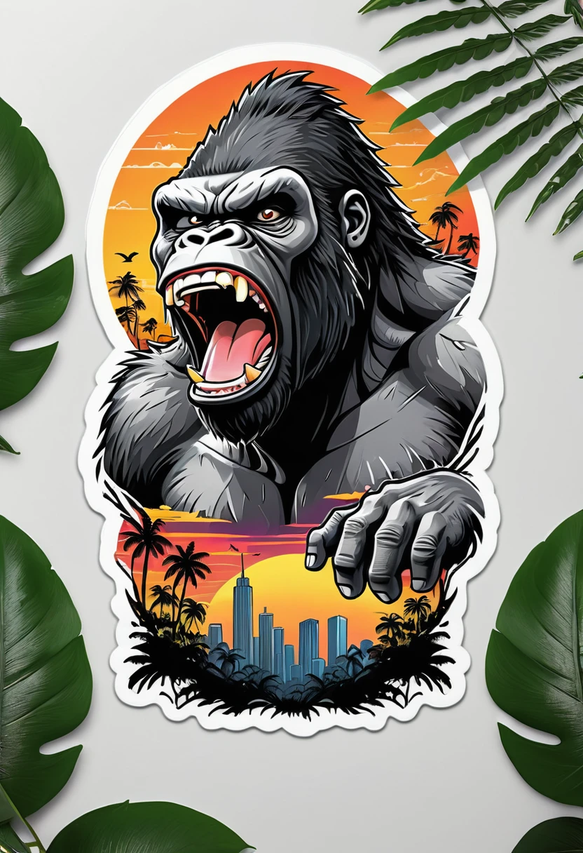 (((a sticker))), (((white background))),splash art, intricately detailed t-shirt design ready for print , 2d, ONE angry wild shouting furious  HUGE KING KONG in foreground, Jungle sunset at the background, vibe detailed design for streetwear and urban style t-shirts design, pro vector, (cel-shading style:1.3), inkpunk, (ink lines:1.1), strong outlines, bold traces, high contrast, (cel-shaded:1.1), vector, 32k resolution, best quality, flat lights,vector t-shirt art ready for print, intricate rich extremely complex ornaments illustration, extremely detailed and complex illustration, high detail, clean lines style, intricate high details, (((white plain background)))