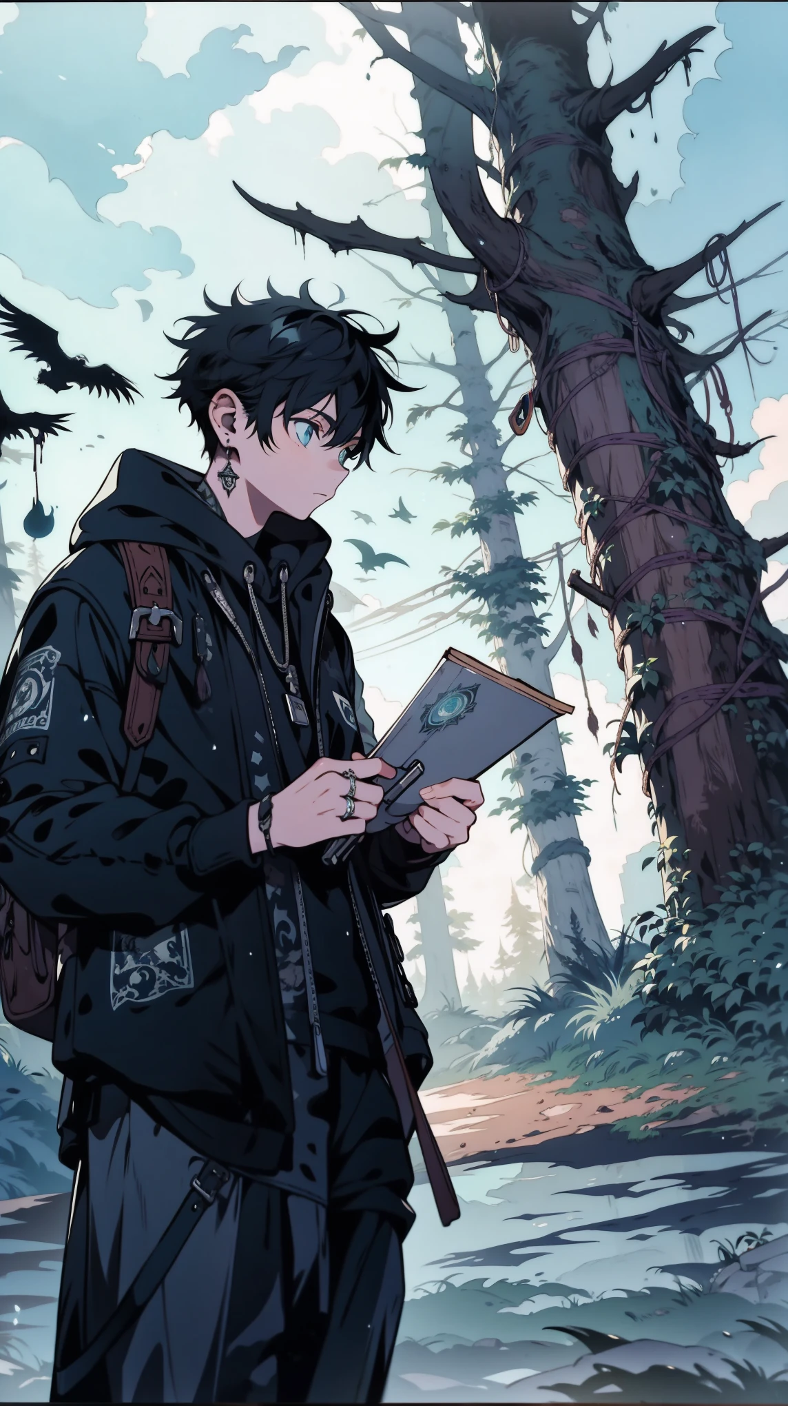 jovem, with an open book in his hand and pointing forward with his other hand, floresta e sombras de monstros ao fundo, vento, inspirando em anime dos anos 90, manga, Comics