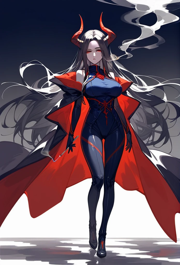 masterpiece, Score_9, Score_8_up, Score_7_up, front view, 1 woman, alone, black hair with red, long hair, parted bangs, dark red eyes, half-closed eyes, parted lips, expressionless, pale skin, large breasts, full body bodysuit, black background, best quality, horns up, long and open bangs, Sleeveless Shirt, With black V-neckline, Castlevania, Smoking