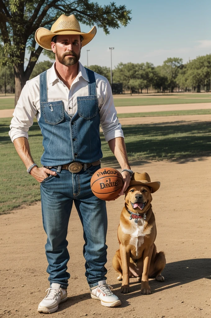Basketball holding balls in his right hand, drinking a fresh glass of dog pee in his left hand, standing in a pile of dog poop, wearing a cowboy hat with vanilla ice cream on top, wearing shoes with holes in them on his feet