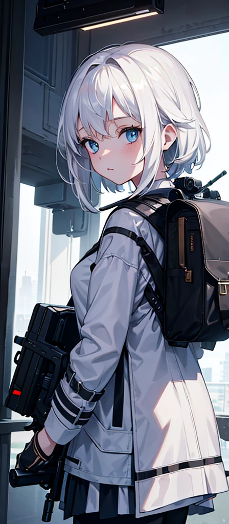 a beautiful young girl with medium-sized br easts, white hair, wearing a backpack,cinematic lighting, pho torealistic, extremely detailed, 8k, high resol ution, best quality, masterpiece,Holding a gun,Blue Eyes,Sci-fi style