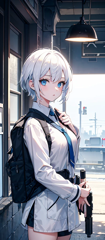 a beautiful young girl with medium-sized br easts, white hair, wearing a backpack,cinematic lighting, pho torealistic, extremely detailed, 8k, high resol ution, best quality, masterpiece，Holding a gun，Blue Eyes，Sci-fi style