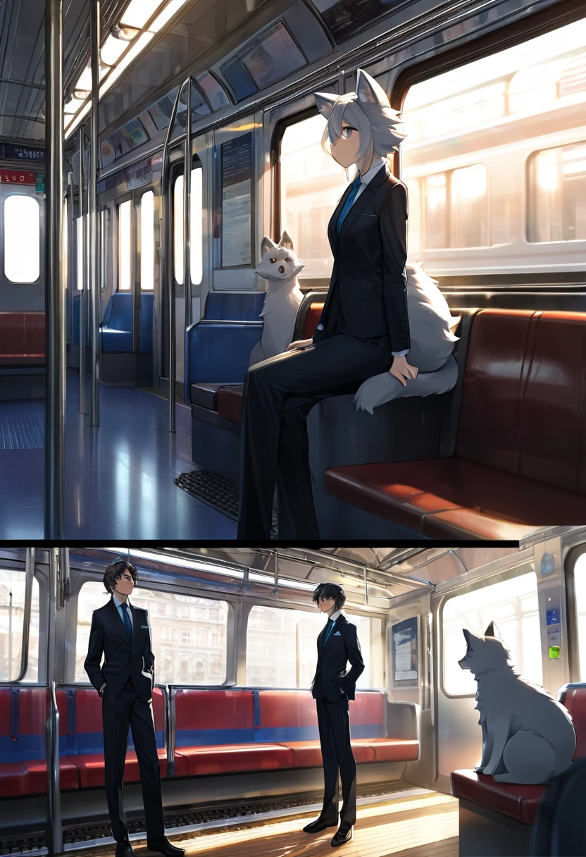 top quality, best quality, High-quality illustrations, masterpiece, super high resolution, detailed background, train interior, salary, suits, student, standing, sitting, absurdres, perfect anatomy, expression, good lighting, cinematic shadow(kemono, furry anthro)assorted poses, dynamic angle,