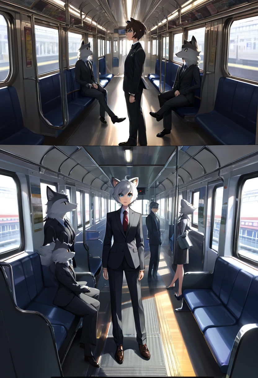 top quality, best quality, High-quality illustrations, masterpiece, super high resolution, detailed background, train interior, salary, suits, student, standing, sitting, absurdres, perfect anatomy, expression, good lighting, cinematic shadow(kemono, furry anthro)assorted poses, dynamic angle,
