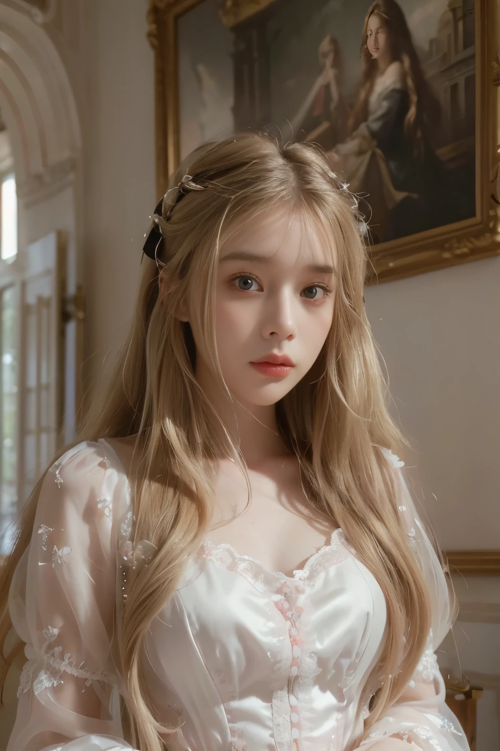 (best quality,8K,very detailed,masterpiece:1.2),beautiful and aesthetic,surrealism,photography,portrait,Beautiful girl, adolescent, gray eyes, long blonde hair, sad expression, Beautiful baroque palace, white dress, Pink laces of silk in long blonde hair.