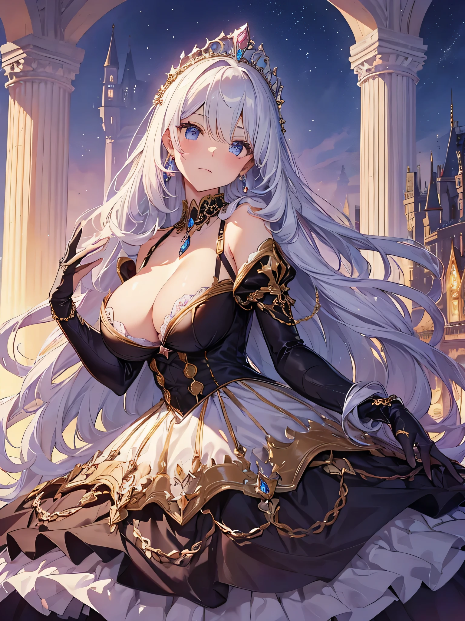 Beautiful eyes like jewels,Beautiful woman princess,Elegant pose,Voluminous full-length hoop skirt with frills、Gorgeous highly detailed rococo ball gown,(Lots of straight hair,Very long straight hair with great volume,Super long straight hair),((Huge boobs)),Cleavage,(Fantasy Castle,Outdoor,Outside the castle),gloves,A very luxurious jeweled hair ornament,Sparkling、A very gorgeous jewel-encrusted tiara,(Fine Jewelry), look up, upper body,