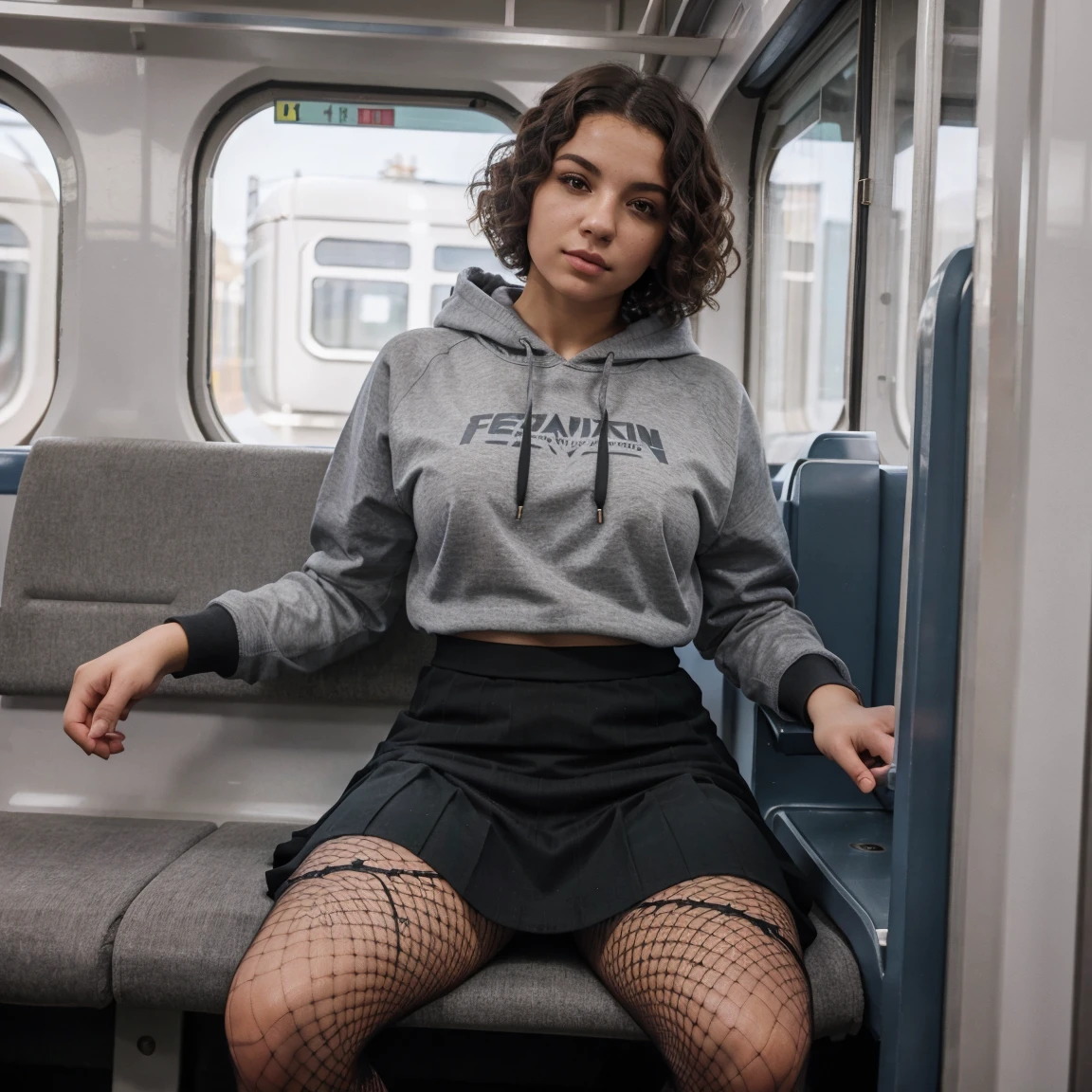 solo girl, realistic human body shape and skin tone, greek girl, short curly bob hairstyle, sitting on a train seat, wearing black skirt, fishnets, grey hoodie