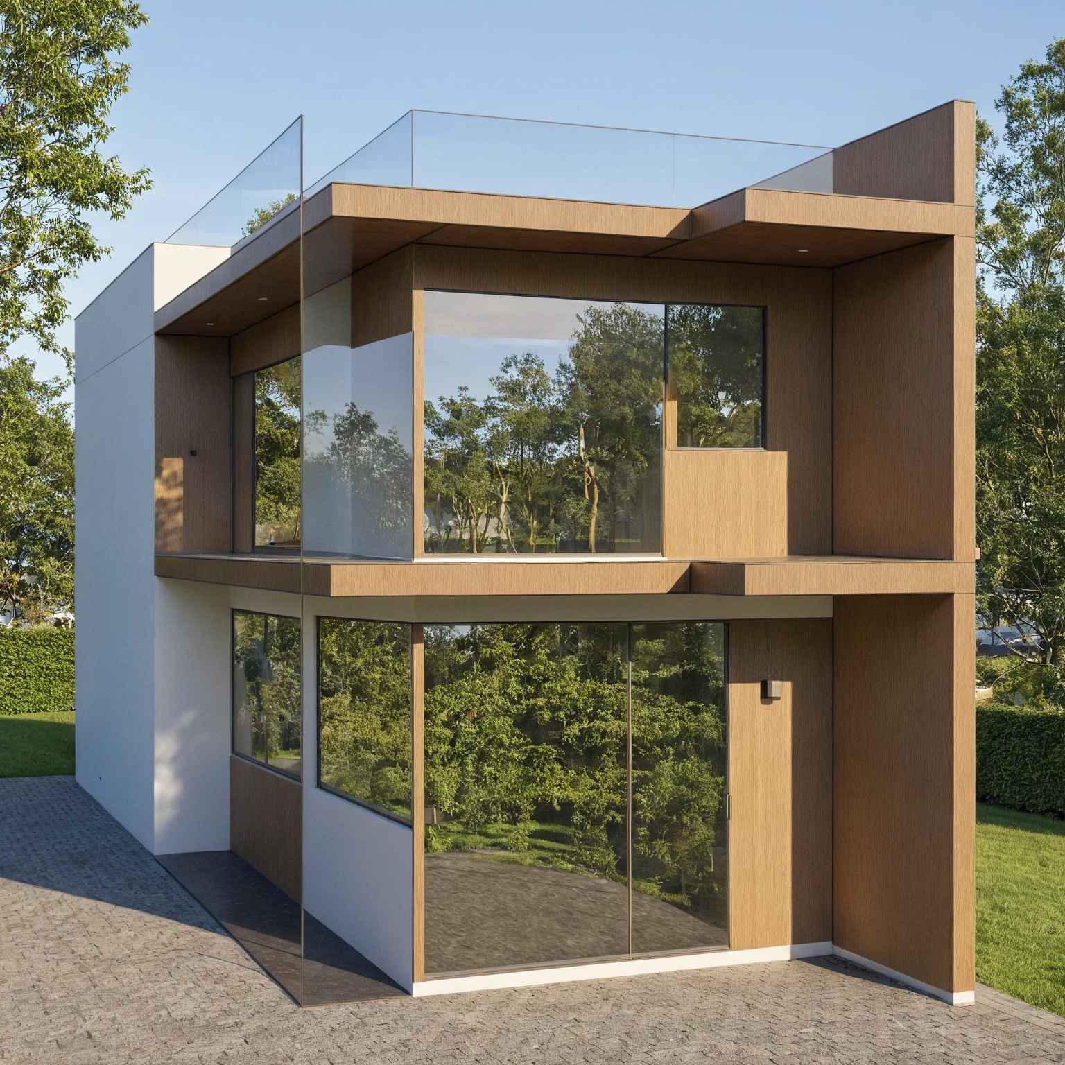 Photo brute,chef-d&#39;artwork, High quality, best quality, authentique, great detail,
Outside, en plein air, style de maison moderne dans la rue, glass windows, grille, plafond en bois,
route,pavement, des arbres, ciel, nuage, (day light:1.1)