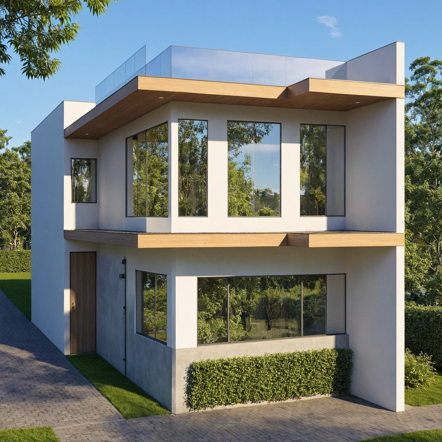 Photo brute,chef-d&#39;artwork, High quality, best quality, authentique, great detail,
Outside, en plein air, style de maison moderne dans la rue, glass windows, grille, plafond en bois,
route,pavement, des arbres, ciel, nuage, (day light:1.1)