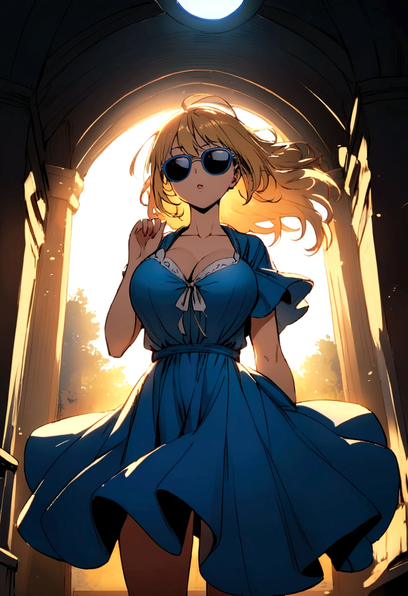 front view of anime girl in blue dress, big breasts, wearing sun glasses