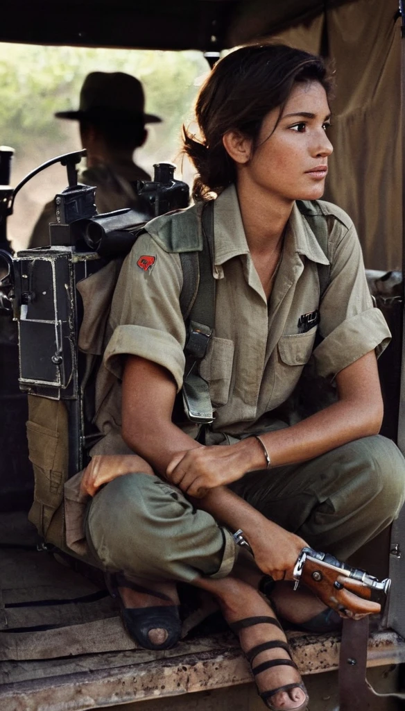 A young female, a war photographer, in a safari clothes, with a camera hanged on her neck, and a brown army look backpack, sitting on the back of a truck that is moving on the streets of Cuba, 1970, high contrast of light and shadow, outdoor lighting, shallow depth of field, cinematic lighting, movie still, film grain, vintage, realistic