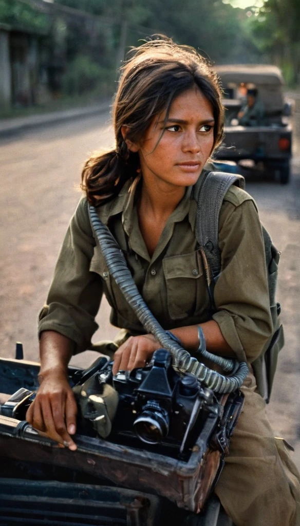 A young female, a war photographer, in a safari clothes, with a camera hanged on her neck, and a brown army look backpack, sitting on the back of a truck that is moving on the streets of Cuba, 1970, high contrast of light and shadow, outdoor lighting, shallow depth of field, cinematic lighting, movie still, film grain, vintage, realistic