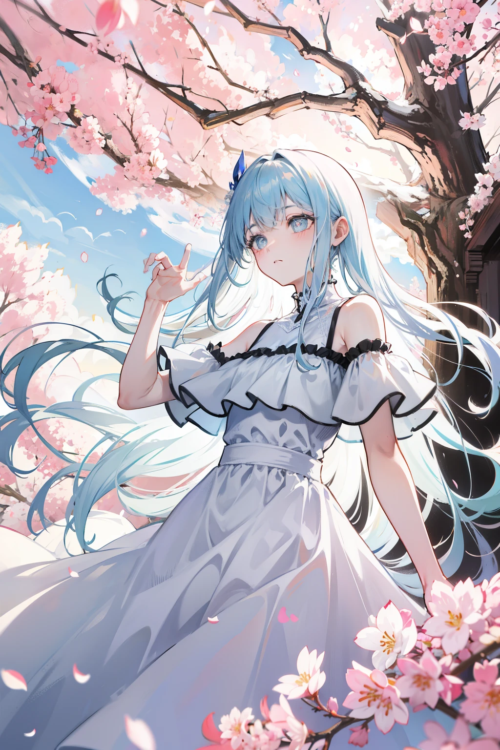 {{{masterpiece}, }}, {Extremely detailed CG unity 8k wallpaper}, Astonishing, Fine details, Solitary, {{Flowing hair}, }, {{Cherry blossoms}, }, outdoor, Sky, {{Wind}, }, Detailed background, Beautiful and delicate eyes, transparent:evening dress:0.3, cleveage, Smart pupils, {{whole body}, }, Dynamic poses, Dynamic angle, cleveage, looking at the audience, Detailed clothes, movie lighting, close up, best quality