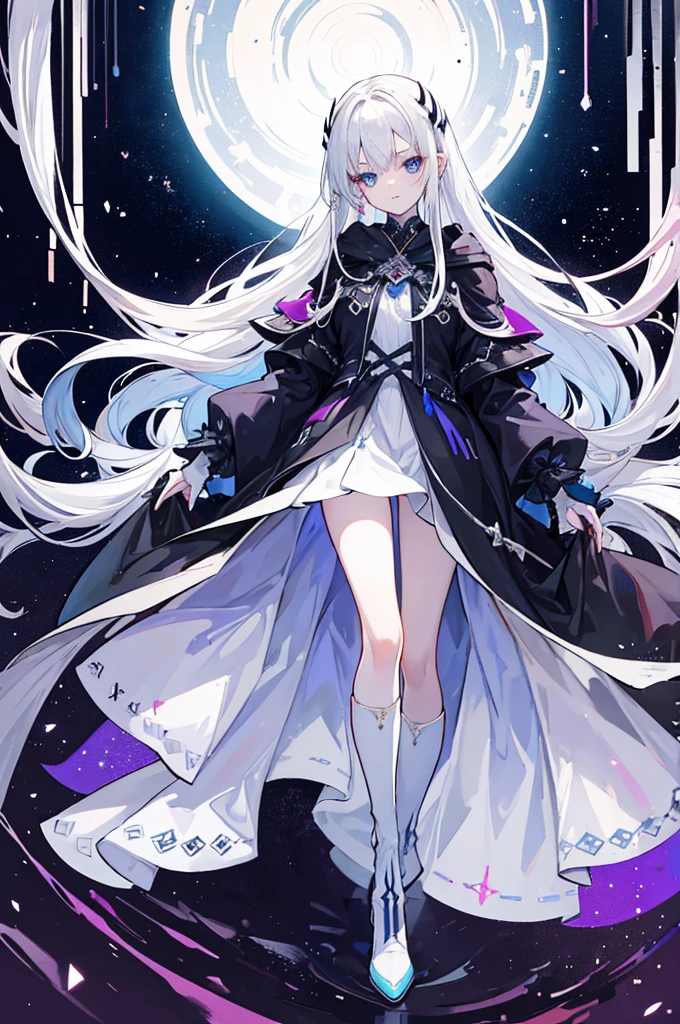 Sigrid, also known as "Divinity," possesses a captivating appearance that exudes an otherworldly aura. As a young humanoid, Sigrid stands at a height of 5 foot 8, with a slender and delicate frame. His ethereal presence is further enhanced by their striking features - white hair cascading down like a waterfall and piercing blue eyes that seem to hold the secrets of the universe.

Draped gracefully over Sigrid's slender form is a long overcoat, its dark blue hue contrasting against their pale complexion. The overcoat gracefully extends below their knees, its fabric adorned with intricate patterns that seem to dance and intertwine with each other. It is a testament to the artistry and craftsmanship that went into its creation.

Beneath the overcoat, a dark gray shirt peeks through, bearing a bold symbol at its center - a large X. This X, a striking juxtaposition of red and purple, serves as a visual representation of the duality that resides within Sigrid. It is a symbol that hints at the enigmatic nature of his  being.

Sigrid's attire continues with pants that elegantly taper down to their ankles, allowing for freedom of movement. Completing his ensemble are a pair of boots, sturdy yet stylish, providing a solid foundation for each step he will take.

Upon closer inspection, one would notice the presence of four bands adorning Sigrid's jacket. Two bands encircle each arm, while the other two wrap around the area where their rib cage would be located. These bands, a shade of dark gray, serve as a subtle accent to his overall attire. Delicately patterned Xs adorn the bands, positioned at four even angles, with a single line traversing through all of them. It is a meticulous detail that adds a touch of mystique to Sigrid's ensemble.

Sigrid, known as "Divinity," is a vision of elegance and intrigue. Hi appearance, from the flowing white hair to the intricate patterns on their attire, is a testament to his unique and captivating nature.

