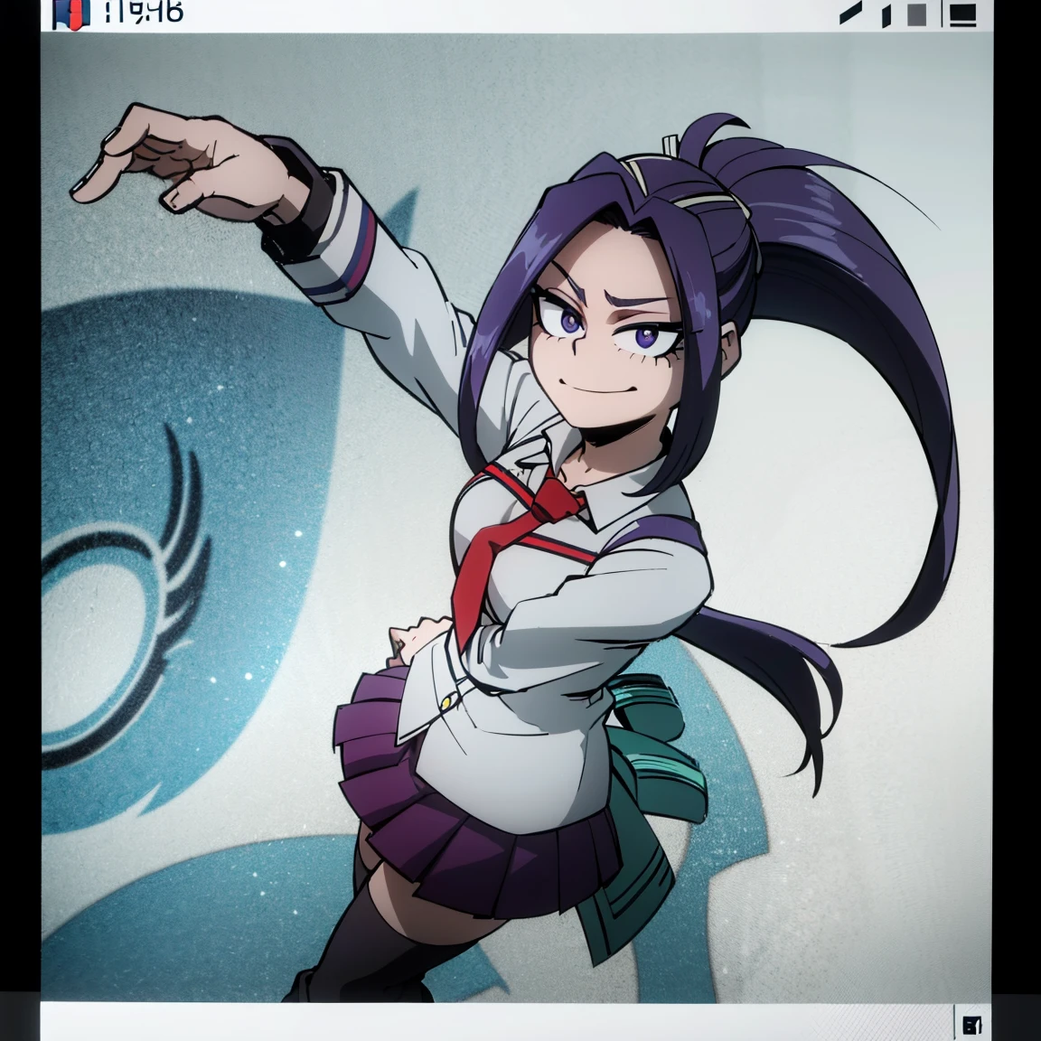 1girl, female focus, aria blaze, boku no hero academia, masterpiece, best quality, very aesthetic, absurdres, twintails hair, purple hair, mint streaks, lavender eyes, smirk, gray jacket, red tie, white shirt, teal skirt, gray tights, boots 