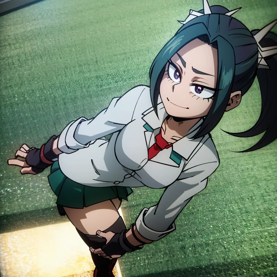 1girl, female focus, aria blaze, boku no hero academia, masterpiece, best quality, very aesthetic, absurdres, twintails hair, purple hair, mint streaks, lavender eyes, smirk, gray jacket, red tie, white shirt, teal skirt, gray tights, boots 