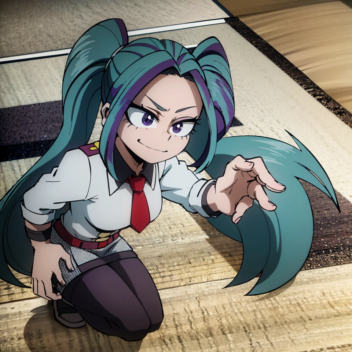 1girl, female focus, aria blaze, boku no hero academia, masterpiece, best quality, very aesthetic, absurdres, twintails hair, purple hair, mint streaks, lavender eyes, smirk, gray jacket, red tie, white shirt, teal skirt, gray tights, boots 