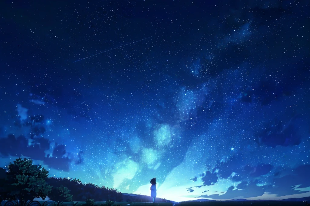 starry night sky with a person standing on a hill looking at the stars, cosmic skies. by makoto shinkai, star(sky) starry_sky, anime movie background, 4k anime wallpaper, starry sky 8 k, beautiful wallpaper, starry sky, amazing wallpaper, anime wallpaper 4k, anime wallpaper 4 k, makoto shinkai!