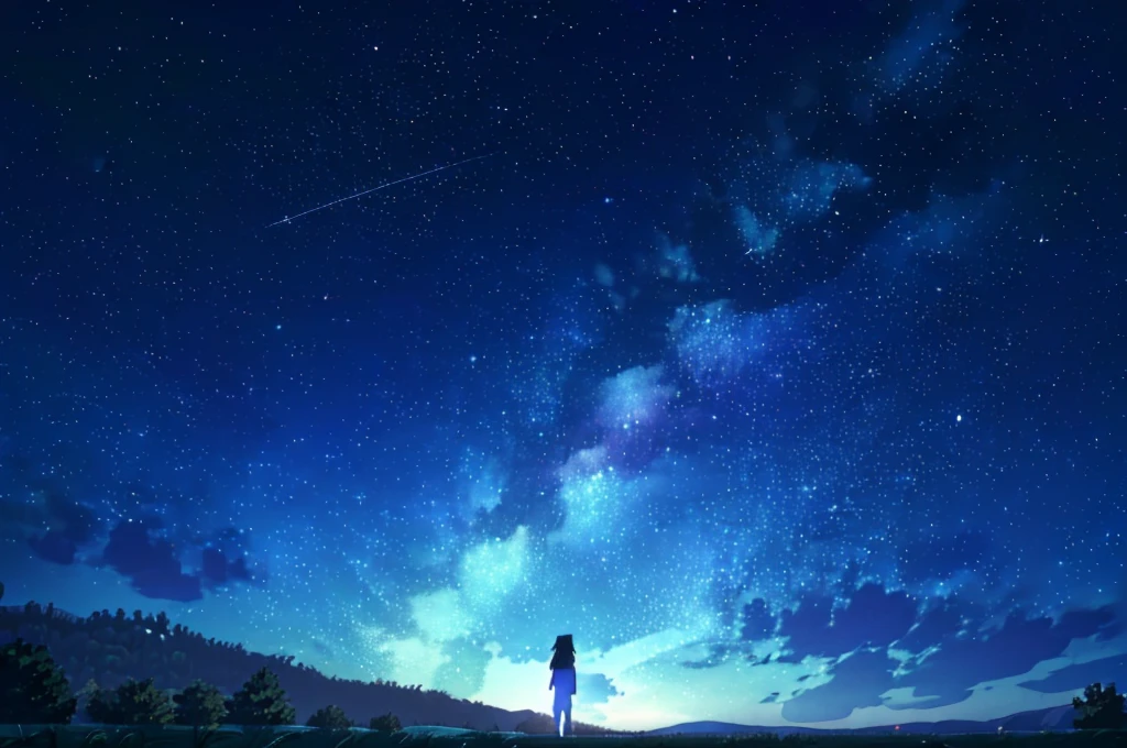 starry night sky with a person standing on a hill looking at the stars, cosmic skies. by makoto shinkai, star(sky) starry_sky, anime movie background, 4k anime wallpaper, starry sky 8 k, beautiful wallpaper, starry sky, amazing wallpaper, anime wallpaper 4k, anime wallpaper 4 k, makoto shinkai!
