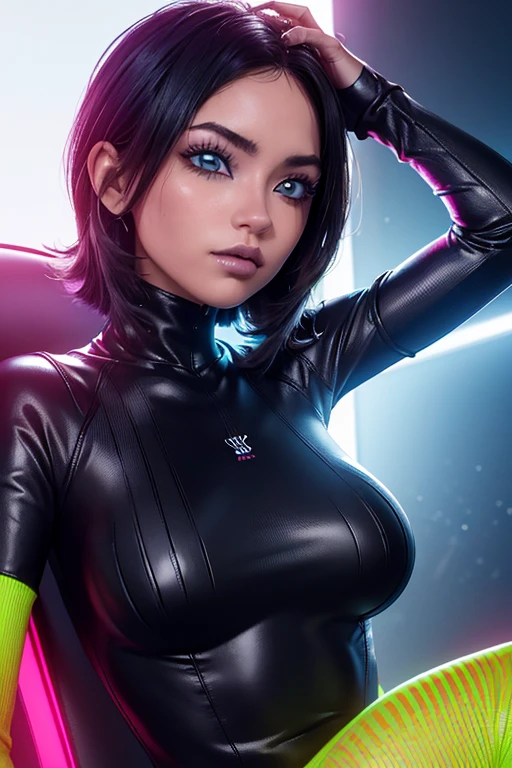 (SFW), detalles intrincados, 1 chica, noche, (bright neon colors), ((volando sobre la ciudad futurista cyberpunk)), antecedentes detallados, (little cyborg girl, ((linda cara perfecta, ojos rojos brillantes y brillantes)), (perfect anatomy, small perky breasts), (Cabello naranja y blanco degradado absurdamente largo, pelo ondeando al viento)), impossible detailed ribbed bodysuit, armadura de hombro, cyber members, dynamic angle, 
