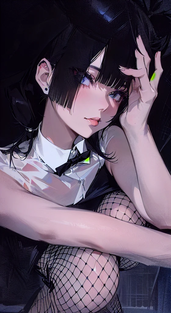 there is a woman in a black hat and fishnet stockings posing, sui ishida with black hair, 1 7 - year - old anime goth girl, 1 7 - year - old goth girl, shikamimi, with black pigtails, black hime cut hair, she has black hair with bangs, whitebangsblackhair, 2b, 2 b
