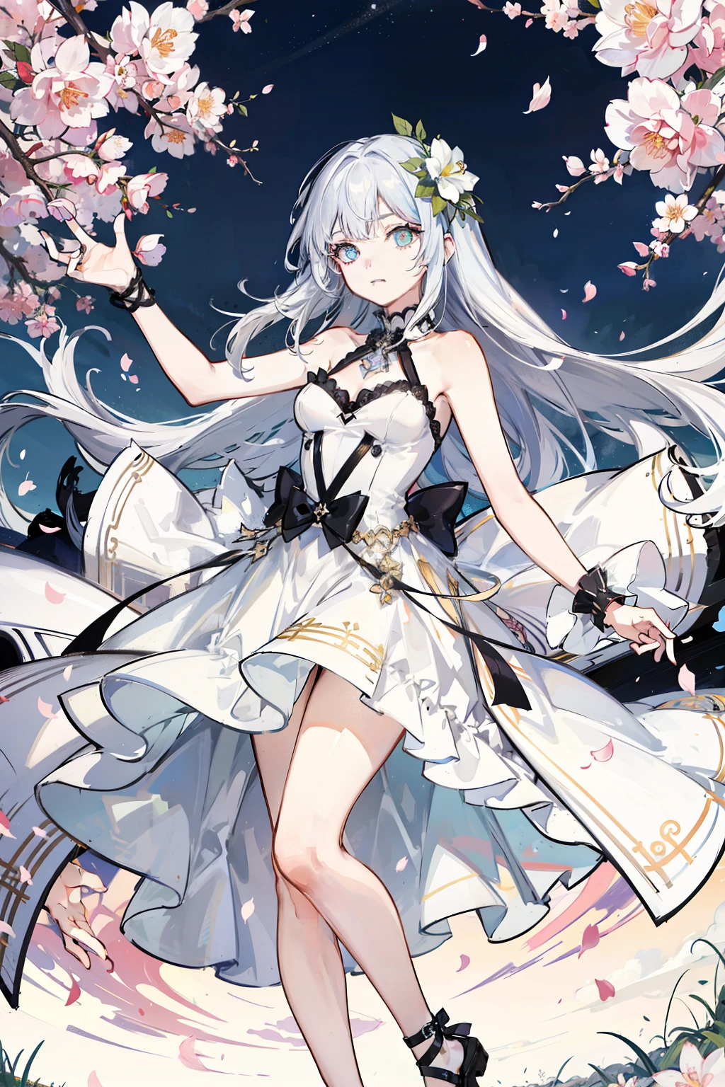 {{{masterpiece}, }}, {Extremely detailed CG unity 8k wallpaper}, Astonishing, Fine details, Solitary, {{Flowing hair}, }, {{Cherry blossoms}, }, outdoor, Sky, {{Wind}, }, Detailed background, Beautiful and delicate eyes, transparent:evening dress:0.3, cleveage, Smart pupils, {{whole body}, }, Dynamic poses, Dynamic angle, cleveage, looking at the audience, Detailed clothes, movie lighting, close up, best quality