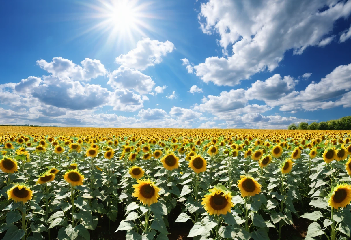 High resolution,8K Ultra HD、Asahi、Large windows、Sunflower fields continue、Blue sky、White Entrance Cloud、Bright sunshine、Sunflowers are shining、Photogenic、France、wallpaper、Photorealism, Ultra-detailed、reality、Low - Angle、