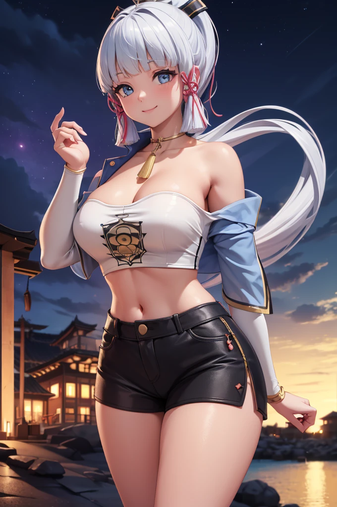 Masterpiece, high quality, 8k, ultra detail, ((kamisatoayakarnd)) standing, night,outdoors, (crop top), navel, (shorts), (off shoulders:1), choker, smile, armpit, (large breast), (nude arm)
