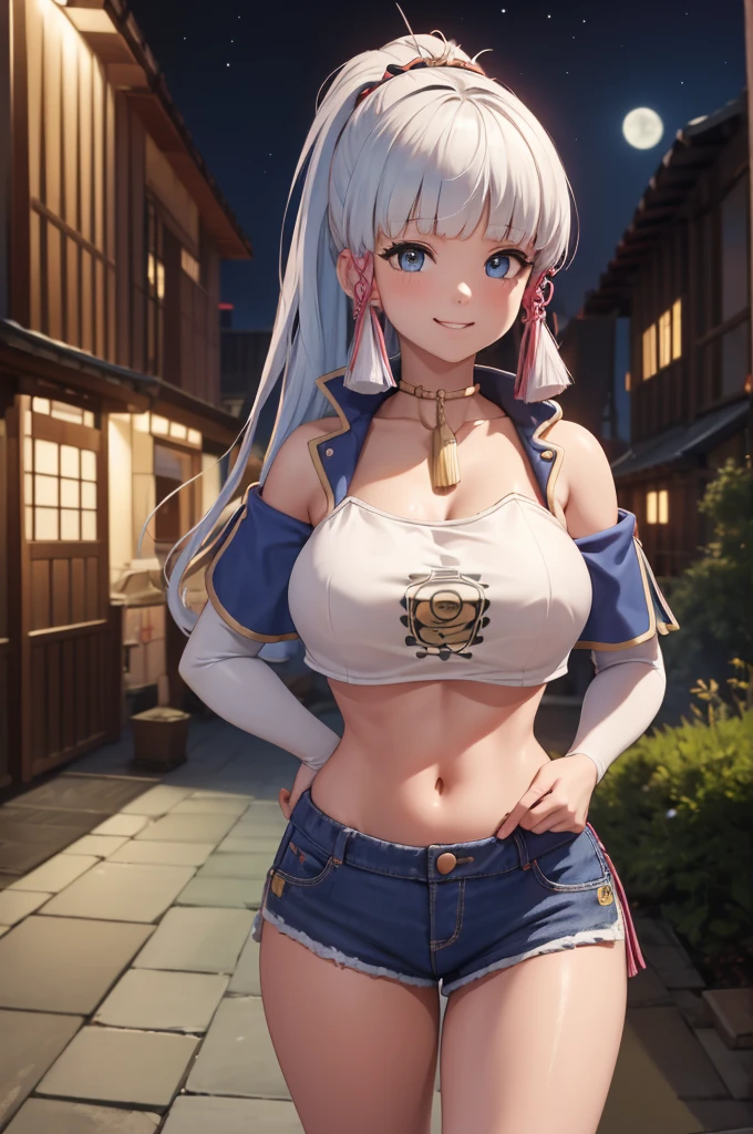 Masterpiece, high quality, 8k, ultra detail, ((kamisatoayakarnd)) standing, night,outdoors, (crop top), navel, (shorts), (off shoulders:1), choker, smile, armpit, (large breast), (nude arm)
