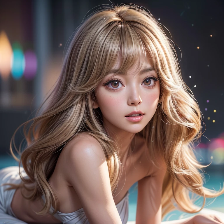 NSFW, 8k, High-level, absurd, masterpiece, best quality, primitive, very detailed CG, very detailed wallpaper, perfect lighting, Extremely detailed ((( personifying " Farrah Fawcett Majors " as a ))), MysticSight, Tyndall effect, Tyndall scattering, (Studio gray background with (Overflowing oodles Dazzling RainbowColorParticles (BokeH))), (RoundlyButts, ThighGap), (Exposed:0.4), (Assfocus with looking ahead) BREAK (Acutance:0.88), (NOGIZAKA face variations) Extremely Detailed very KAWAII face variations, perfect anatomy, Childish, CaptivatingGaze ElaboratePupils detailed Eyes with (sparkling highlights:1.28), (Voluminous LongEyelashes、GlossyRED Lips with beautiful details, RosyCheeks, Radiant PearlSkin with Transparency . { (Dynamic LifeLike expressions:1.4) | :d) }, (large eyes:-1) .