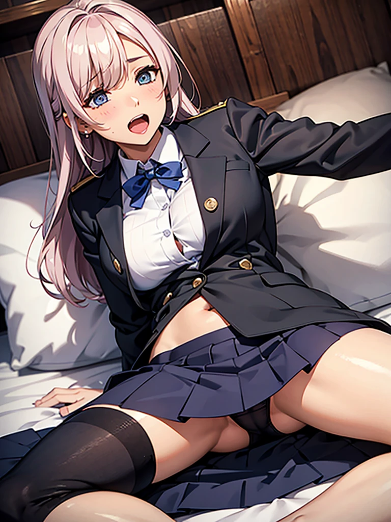 A woman who is pushed down on the bed and looks embarrassed, she is lying on her back, her uniform is about to come off, her breasts are visible, a girl has sex with her skirt turned up, her panties are visible, missionary position, erotic Face,gonzo, screaming with mouth wide open, blushing, pleasant looking face,