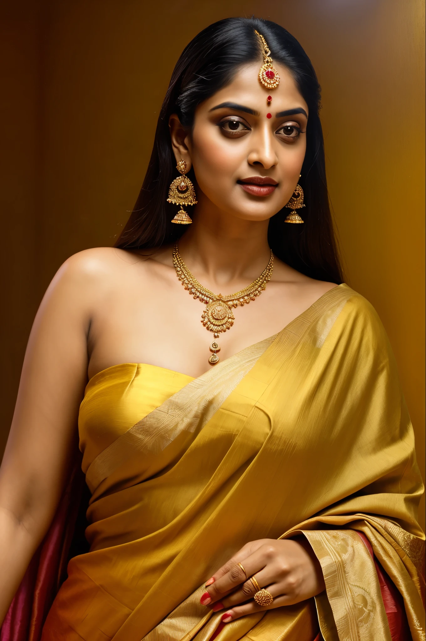 Beautiful painting of a woman in a sari with a necklace and earrings, looks like Sandeepa Dhar, inspired by Raja Ravi Varma, szukalski ravi varma, portrait of a beautiful goddess, by Raja Ravi Varma, indian goddess, traditional beauty, a stunning portrait of a goddess, inspired by T. K. Padmini, indian art, indian goddess of wealth, portrait of a goddess, bulky figure, fleshy woman, skin pores, thick figure, attractive beauty, stunning beauty,