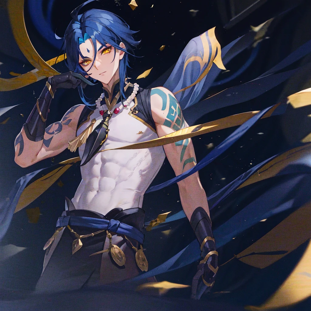 (absurderes,A high resolution,Hyper-detailing,hdr),younge boy,tmasterpiece,best qualtiy,1人,独奏,Handsome,Golden eyes,Fine eyes and detailed face,Tattooed with,arma,Indifferent and arrogant,Abs,chest muscle,Raised sexy,Ruffian,Show your temperament,Male,masculine appeal,Male characteristics are distinct,Long messy hair,Arrogant,self-assured,Pondering,Legs crossed,white pantie,supreme,Lazy,Handsome,