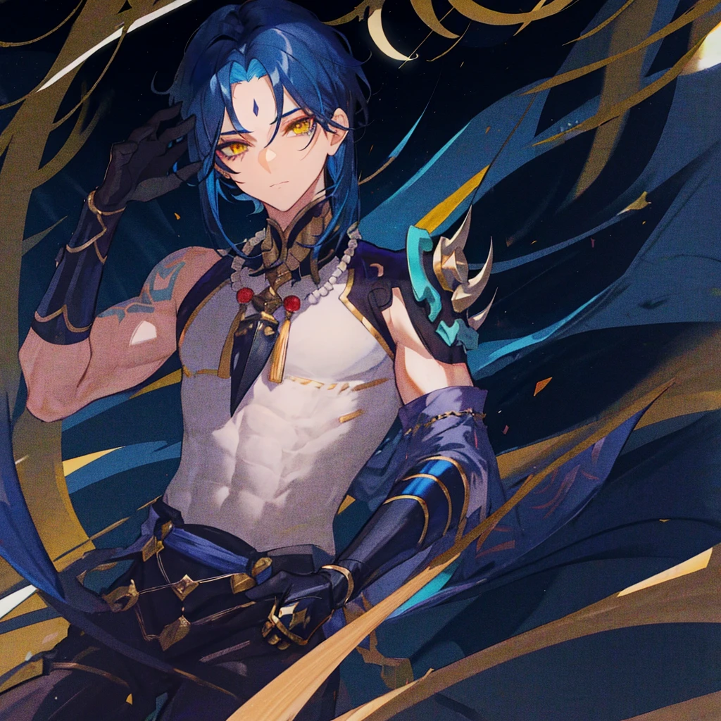 1man,dark blue hair,best quality,masterpiece,extremley,yellow eyes,male focus,beautiful eyes, make a head hands, wink, Show off your muscles