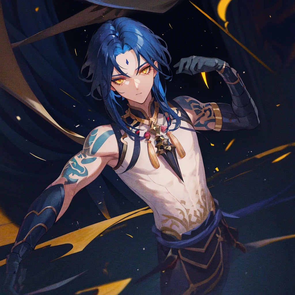 1man,dark blue hair,best quality,masterpiece,extremley,yellow eyes,male focus,beautiful eyes, make a head hands, wink, Show off your muscles