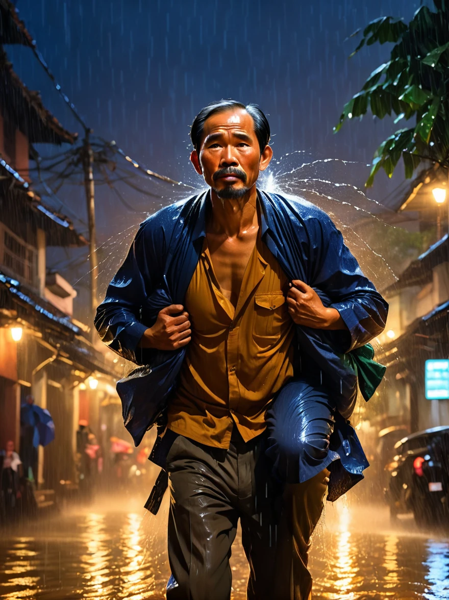 An emotional portrait capturing the essence of a father carrying his ailing  on his back, journeying through the stormy night and pouring rain. The bond between them is palpable in the midst of adversity, showcasing the strength, love, and determination of a parent in the face of challenges. vietnam, backgound night city light, cinematic, illustration
