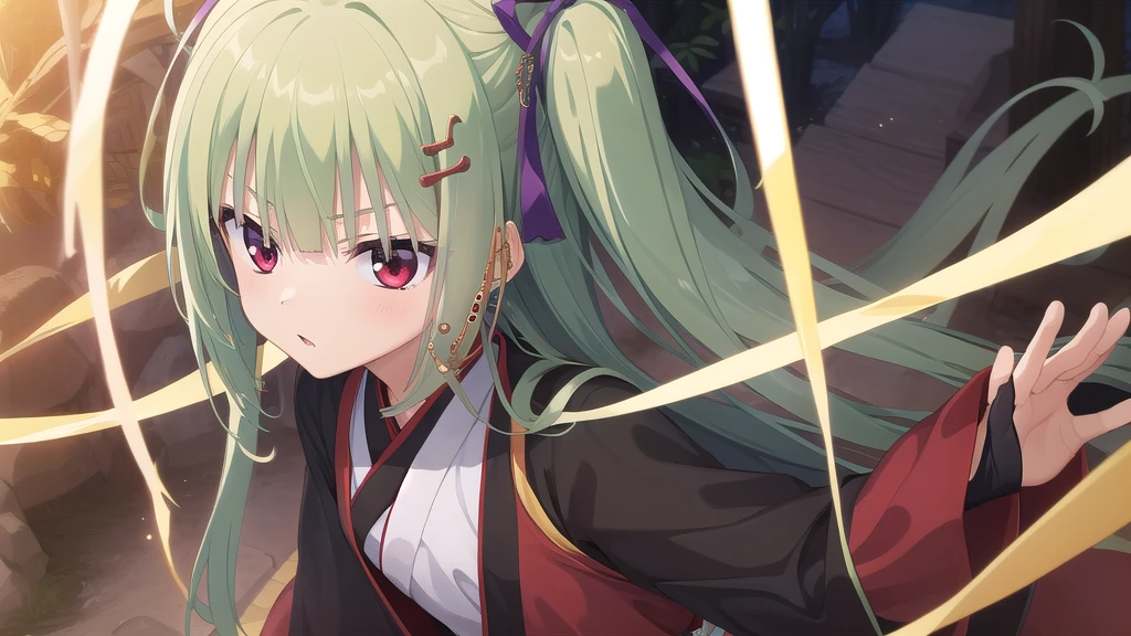 ((masterpiece)),(best quality),Official Art,Extremely detailed CG,Unity 8K wallpaper,Very detailed,Beautiful and delicate eyes,Extremely detailed face,1 girl,solitary,,(whole body:1.5),(small:1.3),,,Murasame,Very long hair,Green Hair,Face Up,Purple bow,hairpin,Side chains,Bangs,Red Eyes,Neck strap,Red belt,Elegant and beautiful，Long-sleeved hanfu，Wearing Hanfu，Martial Saint，Bamboo Forest Sigh，Close the knife，One ride is a thousand，Soul of Guan Yu，Immortal Fighting Spirit，Legendary Skins