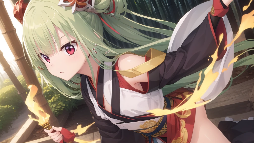 ((masterpiece)),(best quality),Official Art,Extremely detailed CG,Unity 8K wallpaper,Very detailed,Beautiful and delicate eyes,Extremely detailed face,1 girl,solitary,,(whole body:1.5),(small:1.3),,,Murasame,Very long hair,Green Hair,Face Up,Purple bow,hairpin,Side chains,Bangs,Red Eyes,Neck strap,Red belt,Elegant and beautiful，Long-sleeved hanfu，Wearing Hanfu，Martial Saint，Bamboo Forest Sigh，Close the knife，One ride is a thousand，Soul of Guan Yu，Immortal Fighting Spirit，Legendary Skins