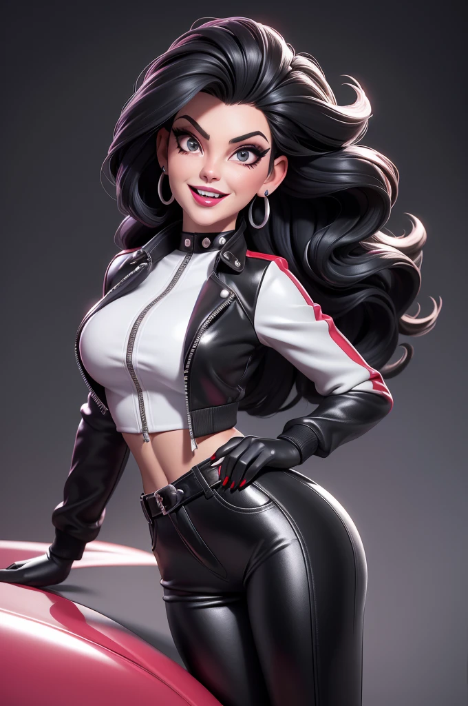 obra prima, melhor qualidade, (emma peel vamp 70yo face wrinkles) head back, sassy wicked girl, big toothy smile, open mouth, ((shiny pearl white lipstick,)) thick smoky black eye shadow, long fake eyelashes, raven black mullet hair, ((cherry red leather biker jacket and pants,)) with studs zippers snaps, shiny leather gloves, body is skinny, laying down on hood of sports car, shiny tight buttocks, dazzle pose, pinup pose, exaggerated selfie pose, camera view of whole body, looking up at me, shallow depth of field, highres, HD, 8k, anatomically correct