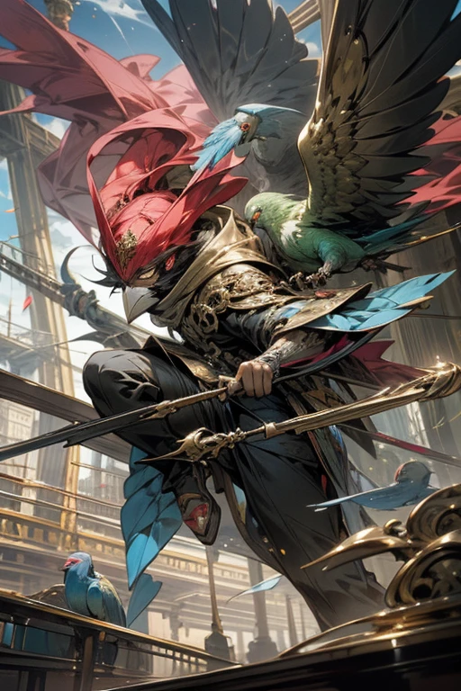 anime style,masterpiece,best quality,super detailed, super fine illustration, highly detailed, dynamic angle,dynamic scene, beautiful detailed, 8k, In the afternoon サーカス, BREAK colorful parrots and parakeets are flying in the sky or perching on 男の肩.masked man,comedy,perfect face,perfect hands,golden effect,acrobat