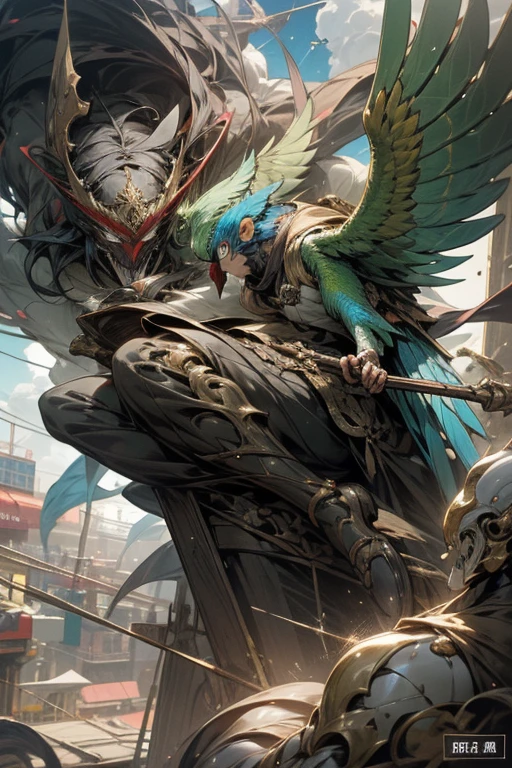 anime style,masterpiece,best quality,super detailed, super fine illustration, highly detailed, dynamic angle,dynamic scene, beautiful detailed, 8k, In the afternoon サーカス, BREAK colorful parrots and parakeets are flying in the sky or perching on 男の肩.masked man,comedy,perfect face,perfect hands,golden effect,acrobat