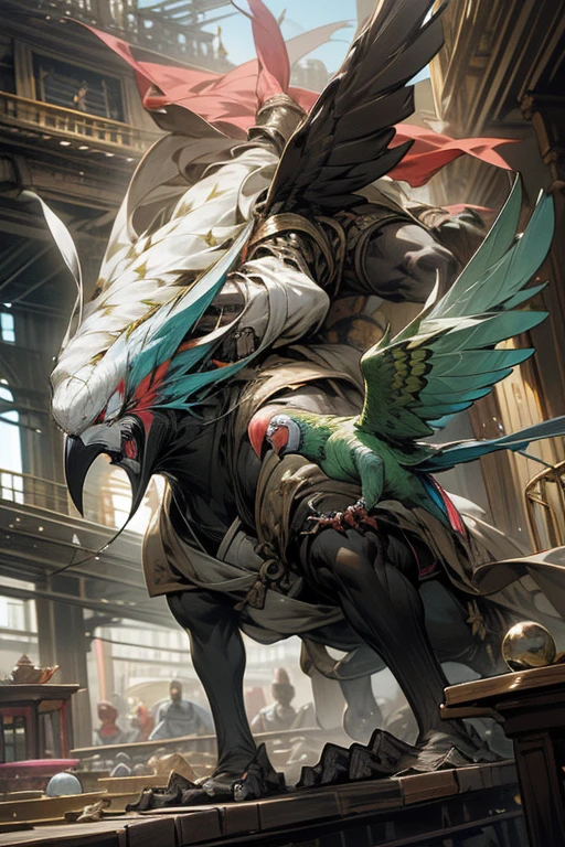 anime style,masterpiece,best quality,super detailed, super fine illustration, highly detailed, dynamic angle,dynamic scene, beautiful detailed, 8k, In the afternoon サーカス, BREAK colorful parrots and parakeets are flying in the sky or perching on 男の肩.masked man,comedy,perfect face,perfect hands,golden effect,acrobat