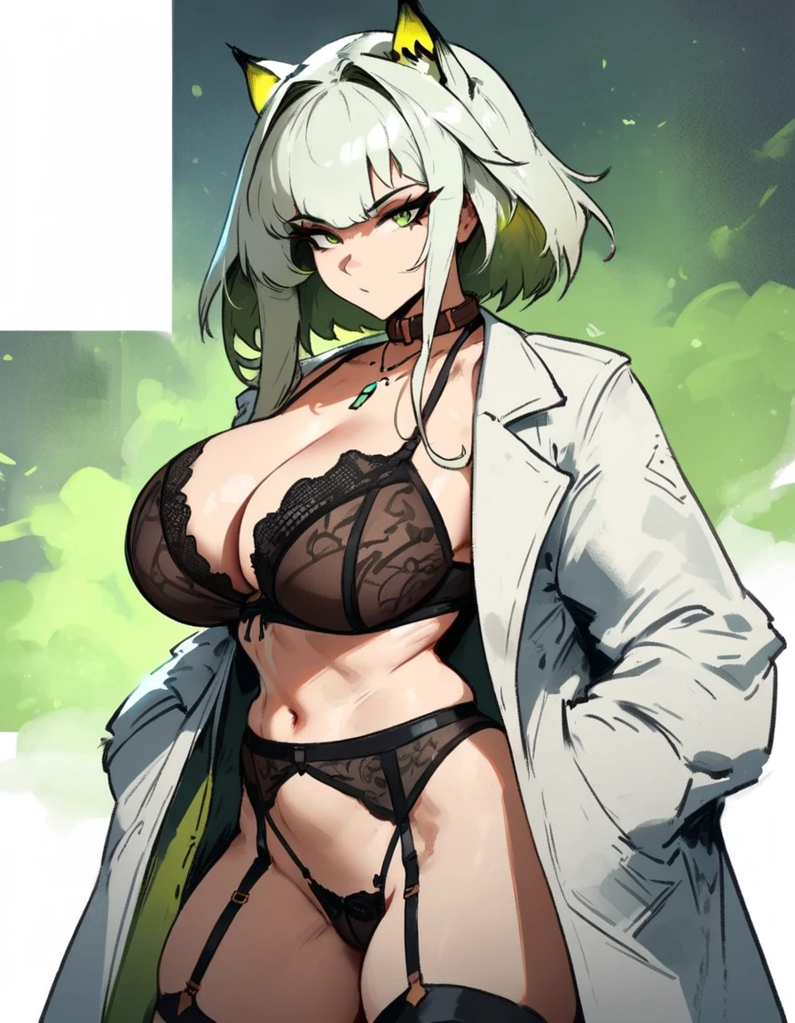 1girl, kal'tsit \(arknights\), arknights \\\\\ masterpiece, best quality, very aesthetic, absurdres, newest \\\\\\ slim body,///// ,by nyantcha,cutesexyrobutts , by khyle,,////// ,,solo,, , ,,detailed face, , ,, , , , , beautiful face, (white background:1.2), , sexy, , cat years, , , rating:nsfw,,big tits,), in the center of the frame,,, ,lingerie garter belt,, black openwork bra, wears a lab coat, hands in pockets